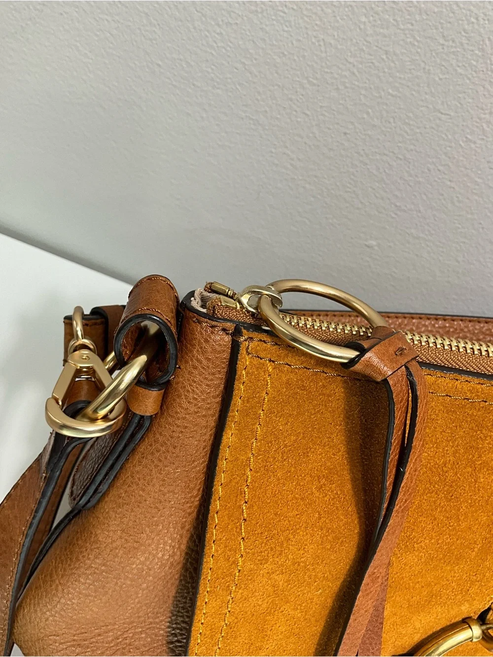 SEE BY CHLOÉ Joan Small Leather Suede Crossbody Bag Caramel Mustard Tan